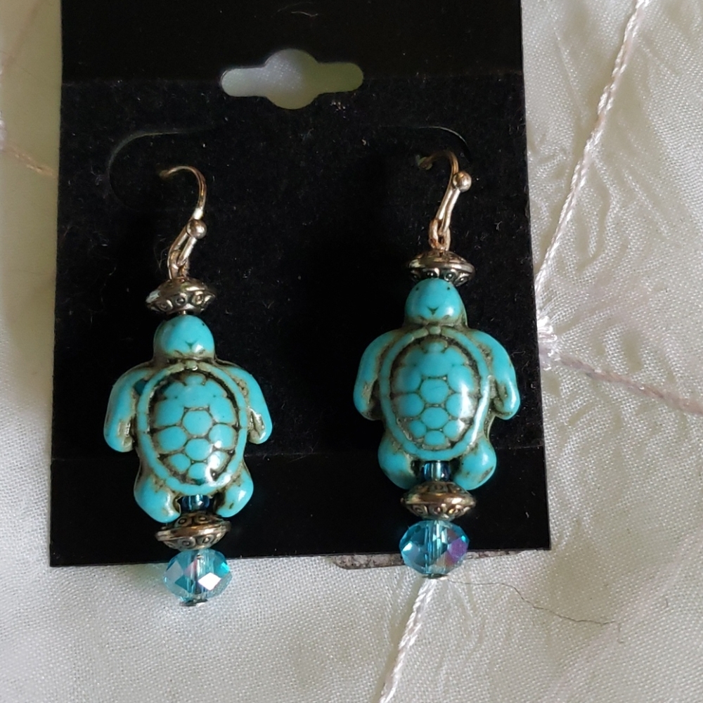 Turquoise Crystal Howlite Turtle Earrings